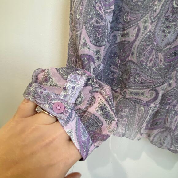 Express Design Studio Y2K Purple Paisley 100% Silk Button Up Blouse Size M - Picture 8 of 10